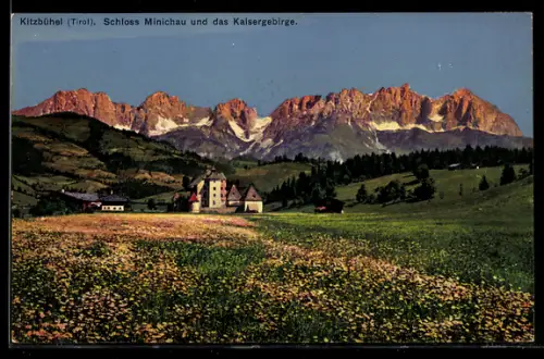 AK Kitzbühel, Schloss Minichau und das Kaisergebirge