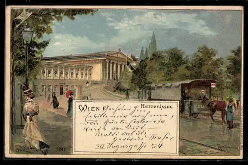 Lithographie Wien, Pferdebahn am Herrenhaus