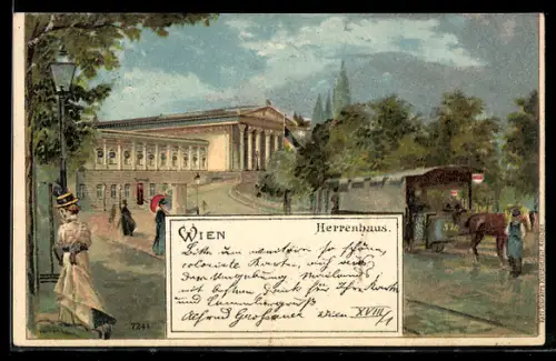 Lithographie Wien, Pferdebahn am Herrenhaus