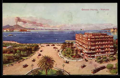 Künstler-AK Napoli, Grand Hotel, Strassenbahn, Vesuv, Segelboote