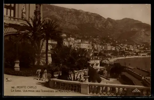 AK Monte-Carlo, La Gare, Vue prise des Terrasses de Monte-Carlo, Bahnhof mit Terrassen