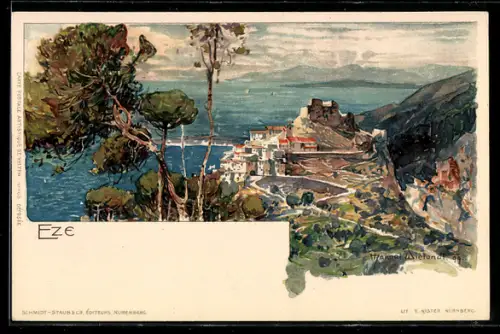 Künstler-AK Manuel Wielandt: Eze, Blick auf die Ortschaft auf dem Berg