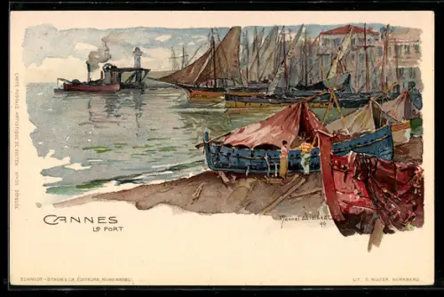 Künstler-Lithographie Manuel Wielandt: Cannes, Le port, Hafenpartie, Segelboote