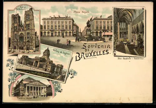 Lithographie Brüssel / Bruxelles, Place Royale, Eglise Ste. Gudule, Interieur, Palais de Justice, Theatre Royal