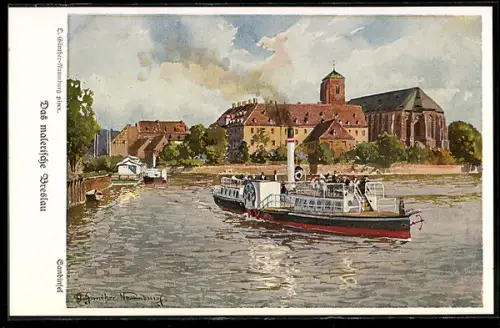 Künstler-AK D. Günther: Breslau, Sandinsel, Dampfer Oder