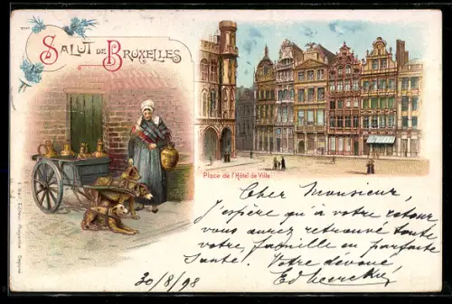 Lithographie Brüssel / Bruxelles, Plce de l`Hotel de Ville, Milchhändlerin mit Hundegespann