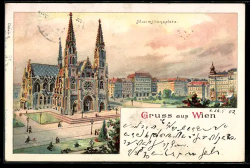 Lithographie Wien, Maximiliansplatz mit Votivkirche