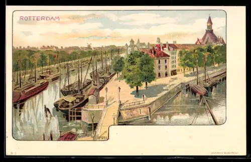 Künstler-Lithographie Rotterdam, Ortspartie, Lastkähne