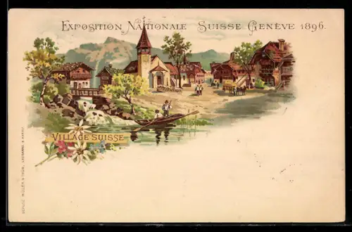 Lithographie Geneve, Exposition Nationale Suisse 1896, Village Suisse, Schweizer Dorf