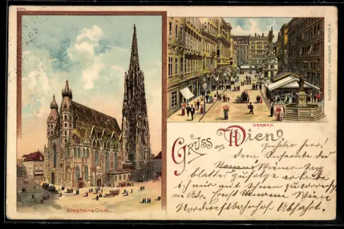 Lithographie Wien, Am Stephans Dom, Blick in den Graben