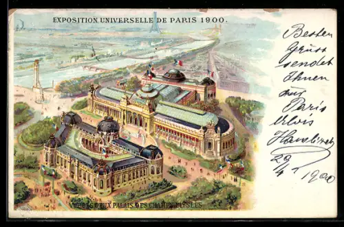 Lithographie Paris, Exposition Universelle 1900, Vue des deux Palais des Champs-Elysees