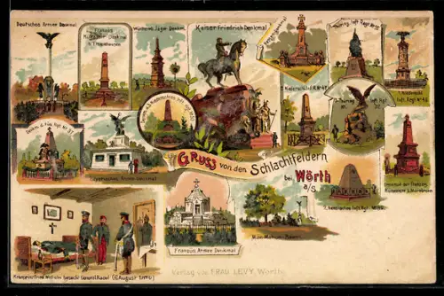 Lithographie Wörth, Schlachtfeld-Denkmäler, Kronprinz Friedrich Wilhelm besucht General Raoul, 1870