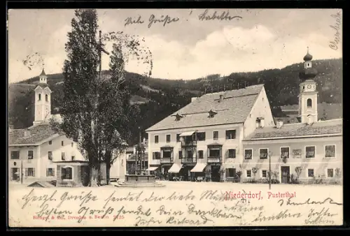 AK Niederdorf im Pusterthal, Platz im Ortskern mit Cafe