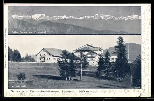 AK Radein, Ansicht vom Zirmerhof, Panoramablick auf Ortler-Gruppe