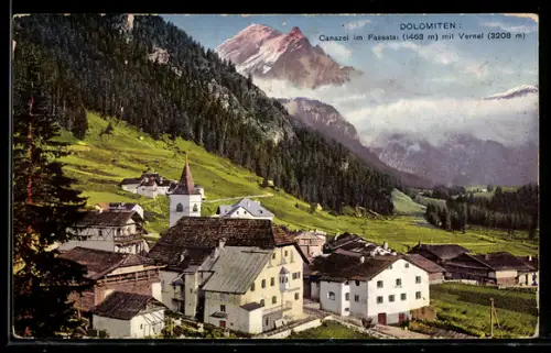 AK Canazei i. Fassatal, Ortsansicht aus der Vogelschau