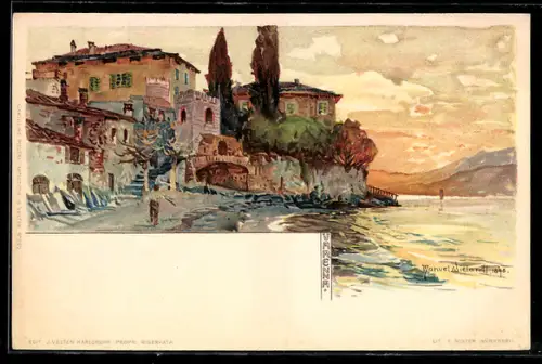 Künstler-Lithographie Manuel Wielandt: Varenna, Teilansicht am Ufer