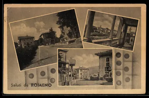AK Romeno, Bahnhof vom Fenster aus, Marktplatz mit Denkmal, Strassenpartie mit Gebäudeansicht