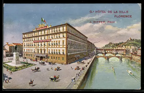 Lithographie Florence, Grand Hotel de la Ville, Kutschen, Leute