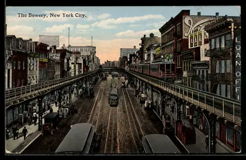 AK New York City, The Bowery, Strassenbahn