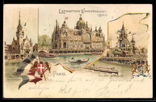 Lithographie Paris, Exposition universelle de 1900, Palais Allemand, Palais Italien, Palais Suedois, Ausstellungsgebäude
