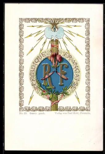 AK Frankreich, Wappen mit Streitaxt und Blitzen République Francaise
