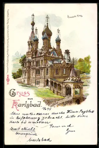 Lithographie Karlsbad, Russische Kirche mit goldenen Zwiebeltürmen