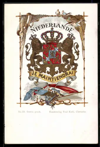 Lithographie Niederlande, Wappen mit Löwen und Krone, Je maintiendrai