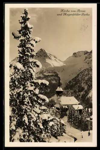 AK Arosa, Kirche und Mayenfelder Furka im Winter