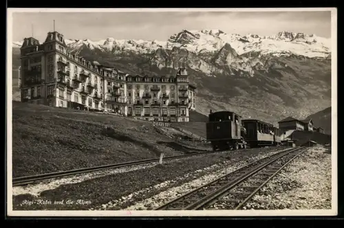 AK Bergbahn mit den Alpen im Hintergrund