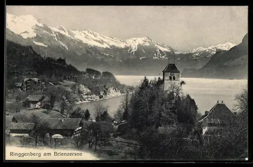AK Ringgenberg am Brienzersee, Teilansicht mit Stadtturm und Blick zum Gebirge