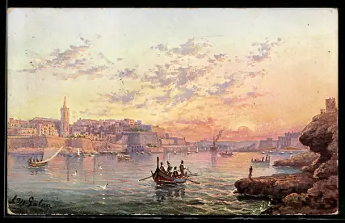 Künstler-AK Valetta, Quarantine Harbour