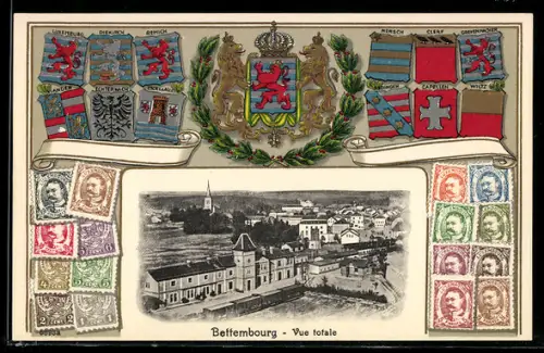 AK Bettembourg, Bahnhof, Briefmarken, Wappen