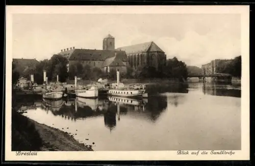 AK Breslau, Blick auf die Sandkirche mit Dampfer