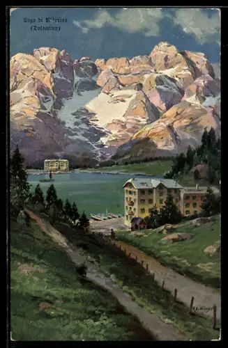Künstler-AK Rudolf Alfred Höger: Misurina, See mit Bergkette am Morgen