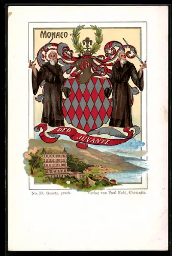 Künstler-AK Monaco, Deo Juvante, Wappen und Schloss