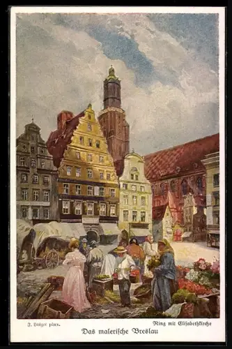 Künstler-AK Breslau, Elizabethkirche mit Verkaufsständen