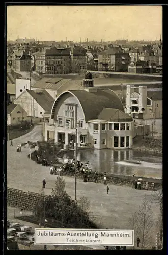 AK Mannheim, Jubiläums-Ausstellung 1907, Teichrestaurant mit Leuten