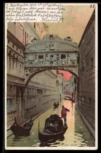 Lithographie Venedig, Kanal mit Gondeln