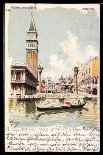 Lithographie Venezia, Piazzetta dalla Laguna, Gondelpartie