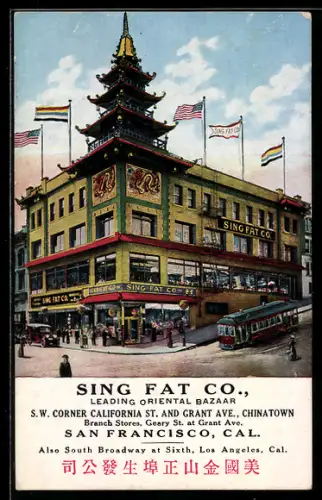 AK San Francisco, CA, Sing Fat Co., Leading Oriental Bazaar, Chinatown, Strassenbahn