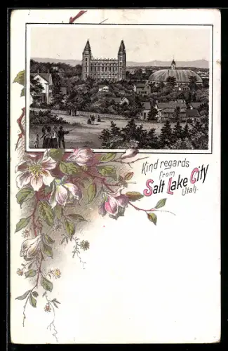 Lithographie Salt Lake City, UT, Ortspartie mit grossen Gebäuden