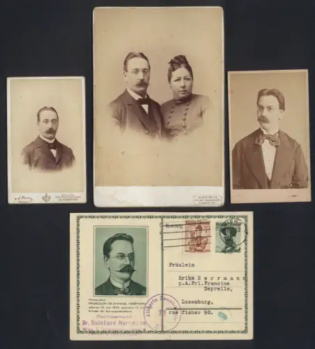 3 Fotografien Emanuel Herrmann (Erfinder der Postkarte), mit Gedenkpostkarte zum 50. Todestag 1952 an seine Grossnichte