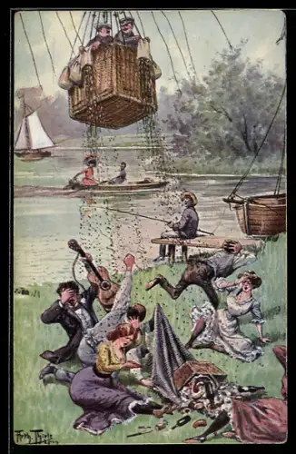 Künstler-AK Arthur Thiele: Das gestörte Picknick, Ballon