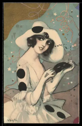 Künstler-AK Carlo Chiostri: Schönheit im Harlekinskostüm mit Maske, Art Deco