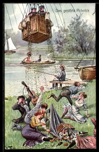 Künstler-AK Arthur Thiele: Das gestörte Picknick, Ballonfahrer schütten Müll auf Picknicker auf der Wiese