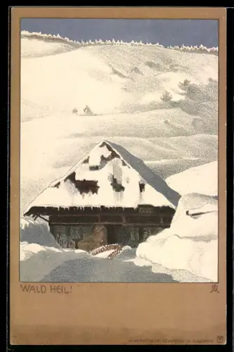 Künstler-AK Künstlerbund Karlsruhe: Tief eingeschneites Holzhaus, Jugendstil