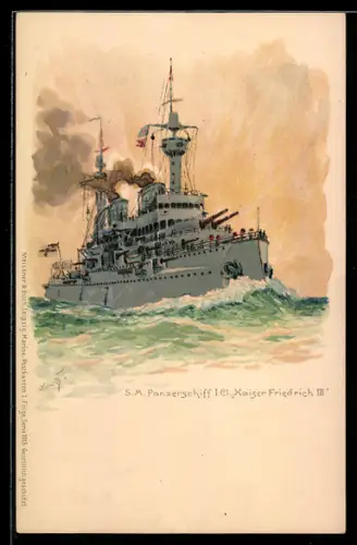 Künstler-AK Hans Bohrdt: S.M. Panzerschiff I. Cl. Kaiser Friedrich III.