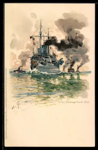 Künstler-AK Hans Bohrdt: Kiel, SMS Kriegsschiff Avigo Hela verlässt den Hafen