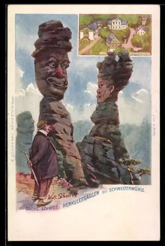 Künstler-AK Schwenke Ser. 4 Nr. 5: Schweizermühle, Hotel, Herkulessäulen, Berg mit Gesicht / Berggesichter