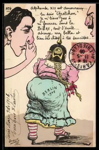 Künstler-AK Charles Denizard (Orens): Alfonso XIII. von Spanien sieht auf den Hintern einer Frau mit Pickelhaube